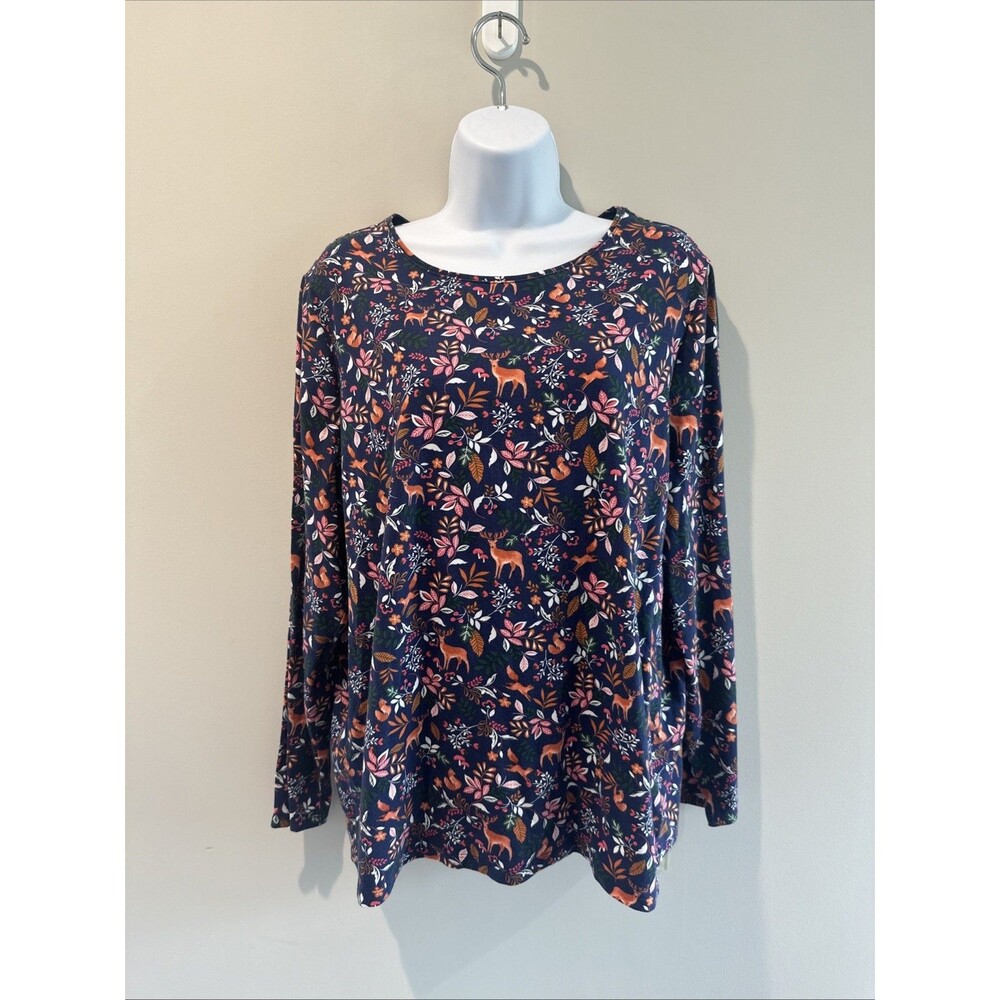 Talbots Women’s 2X Woodland Deer Floral Print Long Sleeve Tee Navy Cottagecore